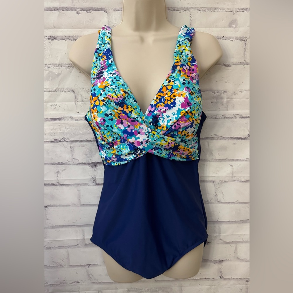 Maxine Of Hollywood‎ 12 Hydrangea Hills Wrap Front Swimsuit Minimizing Blue New